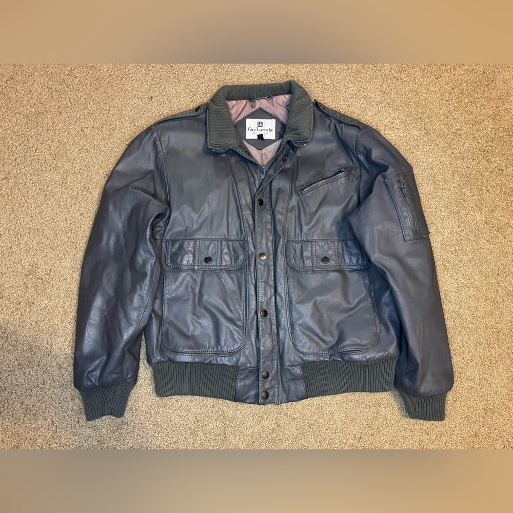 GUY LAROCHE Mens Gray Leather Bomber Jacket Pilot Aviator Biker Moto Preppy M
